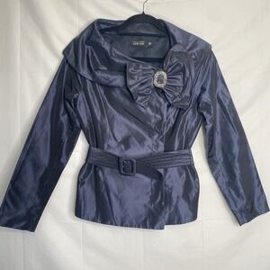 Teri Jon 100% Silk‎ Blue Evening Cocktail Blazer Jacket Rhinestone Accent Sz 6